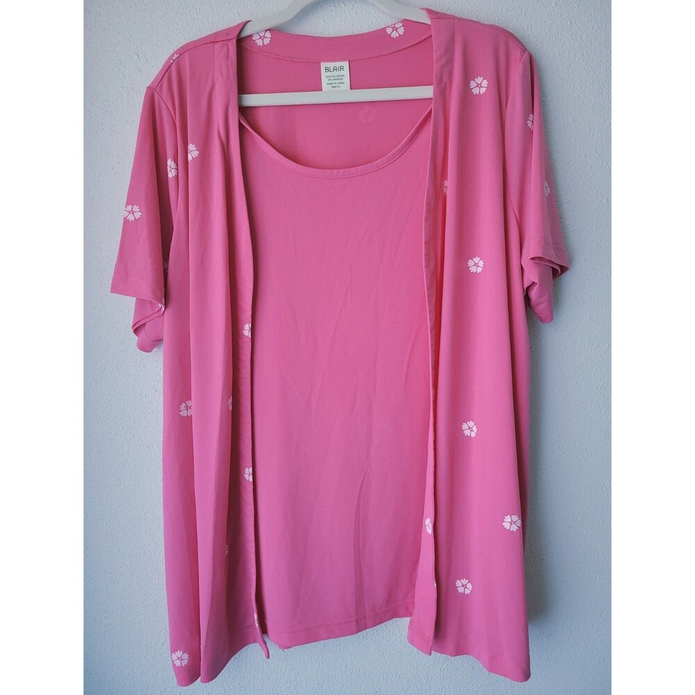 Blair Women's XL Pink Layered Top Floral Print Open Front Short Sleeve Scoop